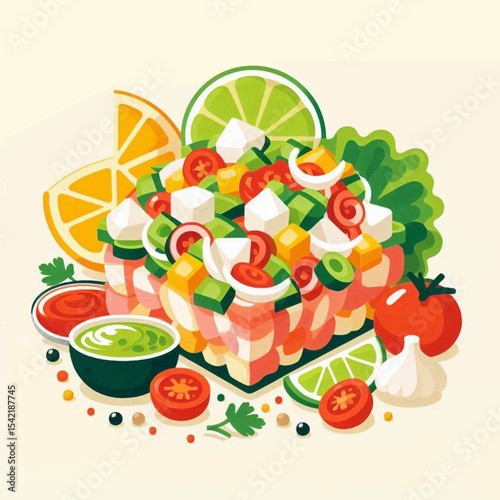 Colorful seafood ceviche dish with citrus fruits vegetables and sauces