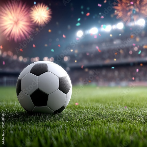 Soccer ball on vibrant grass field with stadium lights and festive fireworks overhead celebrating a triumphant sports event