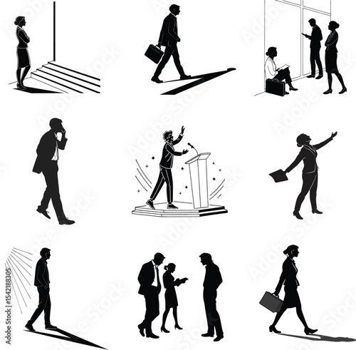 Illustrations of business people in various professional scenarios show silhouette 