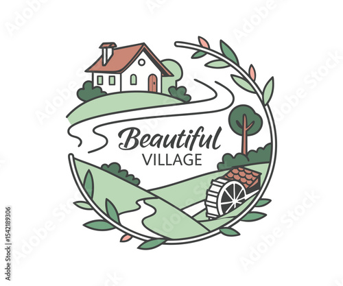 Beautiful Village Scene Vector Illustration: Serene Landscape with Houses, River, and Lush Greenery for Travel, Tourism, and Community-Themed Designs