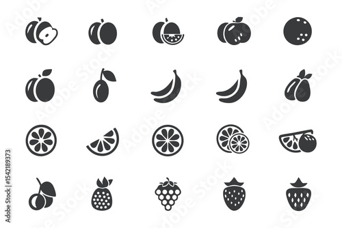 Sleek Black Fruit Icons Vector Set for Nutrition Plans and Kitchen Design Projects