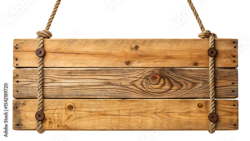 Rustic wooden sign hanging on rope isolated on transparent background