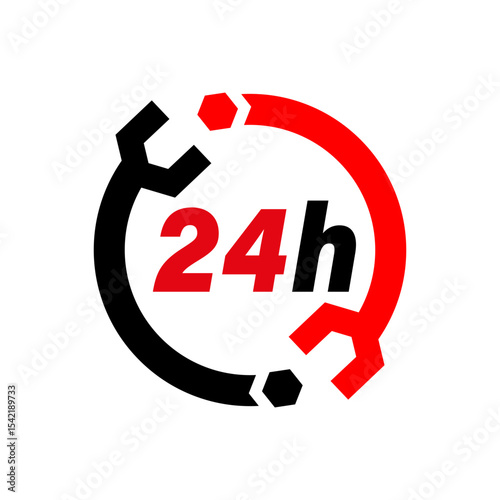 A logo representing round-the-clock service, showcasing two wrenches forming a circle around the text indicating 24 hours. The design is geared towards maintenance and repair services