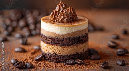 Gourmet coffee mousse cake with layered chocolate, creamy topping, and cocoa dust sits on a rustic table beside scattered beans and rich espresso textures.