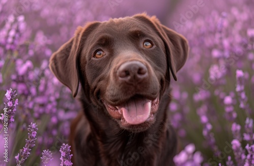 Smiling chocolate labrador with shiny fur and brown eyes stands in a blooming lavender field during summer, surrounded by soft purple flowers and golden sunlight.