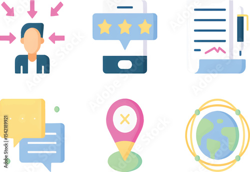Contact icon set featuring communication tools like messages, calls, emails, and support graphics for businesses.