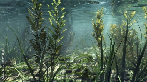 Underwater view of tall green seaweed swaying in clear ocean water, revealing deep aquatic plants, marine moss, and a peaceful submerged wilderness habitat.