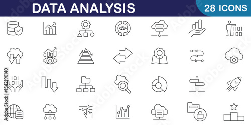 Data analytics icons set. Set of 28 minimalist data analytics outline icons. Graphs, databases, cloud storage, rocket, search, network and more symbol collection. Editable stroke. Vector illustration.
