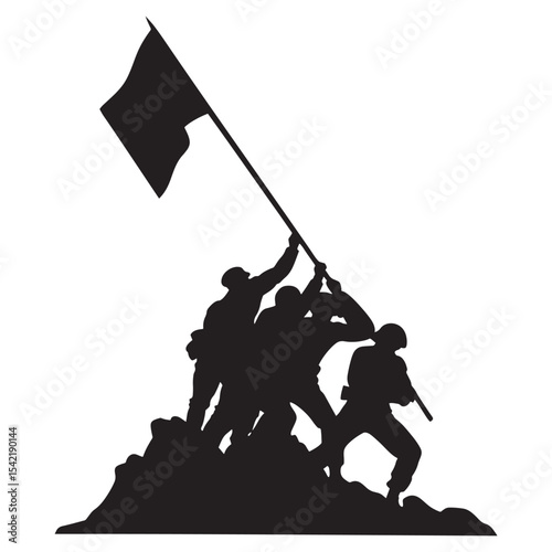 Soldier Raising Flag Icon – Patriotic Silhouette Vector Illustration soldier raising flag, patriotic icon, silhouette illustration, vector art, military symbol, hero graphic, flag raising