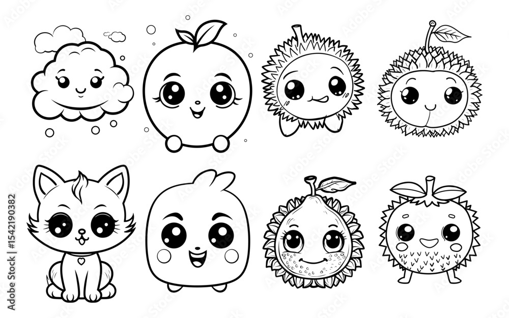 Fototapeta premium Cute drawings cloud apple durians kitty unidentified fruit characters