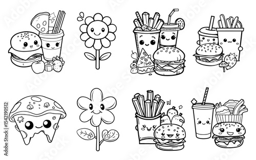 Cute line art burgers fries drinks pizza  flowers with kawaii faces perfect for coloring books