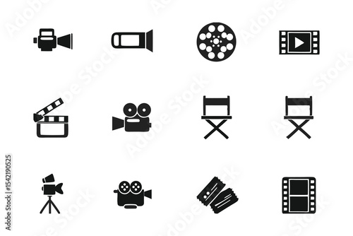 Dynamic Black Cinema Icons Vector Set for Film Production and Entertainment Design Projects
