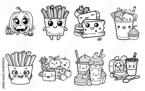Cute food characters include pumpkin fries sandwich smoothie fruits and beverage