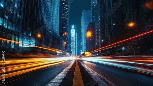 Night Cityscape with Light Trails from Cars in Urban Environment