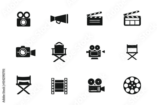 Sleek Black Film Icons Vector Set for Movie Production and Cinema Design Projects