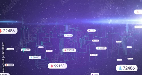 On start, wireframe cityscape animating notification labels drifting to represent data flow