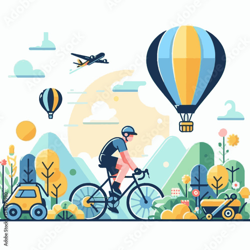 Cyclist rides bike past hot air balloons plane hills vegetation  car