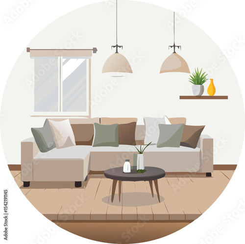 Cozy modern sectional sofa with decorative pillows and coffee table in a bright living room