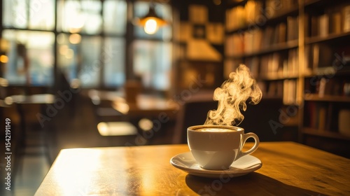 Warm Cup of Coffee on Wooden Table in Cozy Café Setting