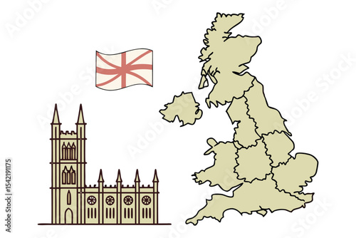 Iconic United Kingdom Map and Westminster Abbey Icons Vector Set for Travel History and Cultural Design Projects