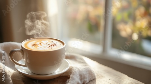 Warm Coffee Cup with Steam on Wooden Table by Window