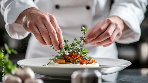 Chef Garnishing Plate with Fresh Herbs and Colorful Vegetable Topping