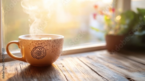 Cozy Morning Scene with Steaming Cup of Tea on Wooden Table