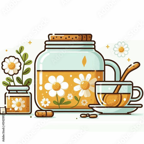 Daisy infusion with honey cup pills and plants