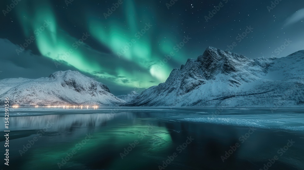 Naklejka premium Enchanting Northern Lights Over Snowy Mountain Landscape at Night