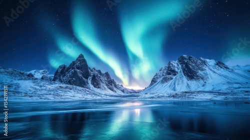 Majestic Northern Lights Over Snow-Capped Mountains and Frozen Lake