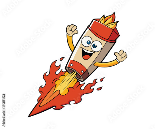 Cartoon Rocket Soaring Vector Art_Smiling Spacecraft with Fiery Trail_Dynamic Propulsion Illustration_Exciting Flight Design_White Backdrop