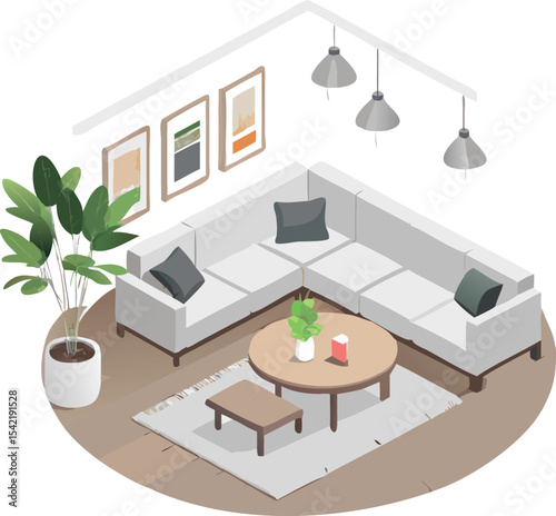 Modern isometric living room with sectional sofa coffee table and artwork