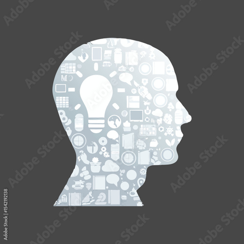 Innovative Vector Silhouette of Human Head with Creative Icons for Technology Concepts, Mind Mapping Designs, and Educational Graphics