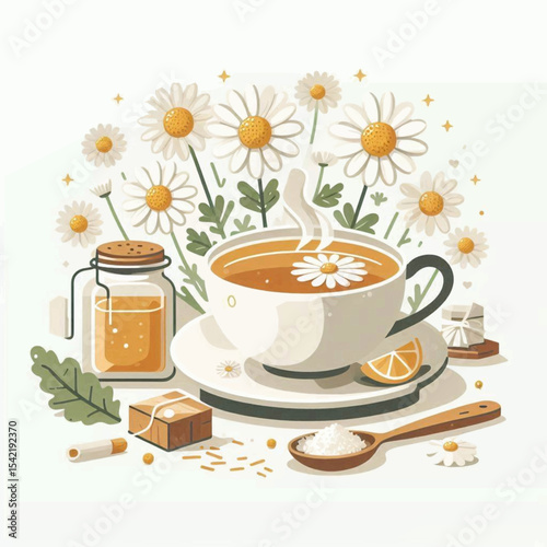 Daisy tea composition cup flowers lemon slice and spoon with sugar