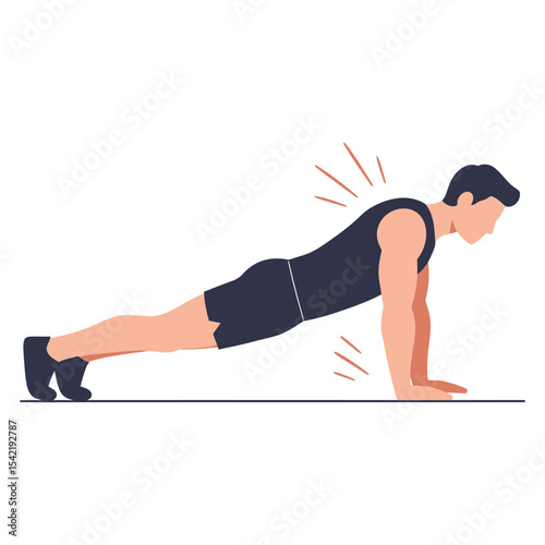 Man Performing Push-Up Exercise Vector - Fitness Athlete Training Chest, Shoulders, and Triceps with Pain Indication