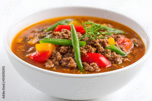 Bowl of hearty ground meat soup with colorful vegetables and fresh rosemary garnish.