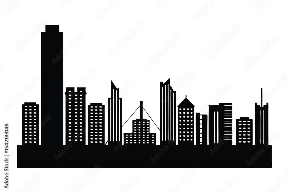 Naklejka premium Detailed Vector Icon of City Skyline, Urban Landscape Design, Modern Architecture Illustration, Metropolitan Graphic