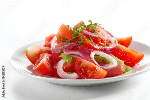 Colorful tomato and onion salad, a refreshing dish for summer, beautifully presented.