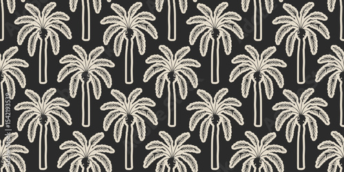 Tropical seamless pattern with hand drawn palm trees. Black hand drawn lines background for fabric, textiles, clothing, poster, cover, decoration, banner, wallpaper, interior. Vector illustration.