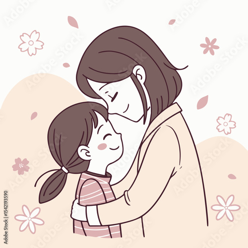 Sweet line art of a mother lovingly hugging her daughter, symbolizing maternal care and emotional connection.