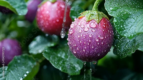 Close-up of fresh, dew-covered ripe fruits hanging on lush green foliage in a garden