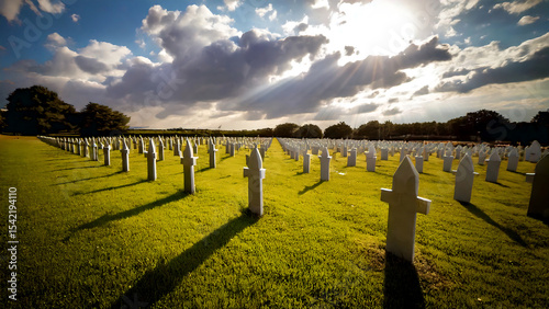 Memorial cemetery landscape under a dramatic sky with sunbeams and rows of gravestones