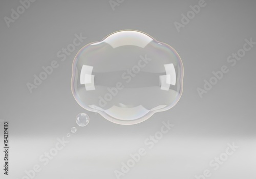 Iridescent Bubble Thought Cloud Form. A transparent aqueous sphere, resembling an empty dialog box. Its ephemeral nature implies fleeting concepts, dreams, or pure imagination.