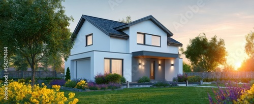 The modern house surrounded by vibrant gardens at sunset.
