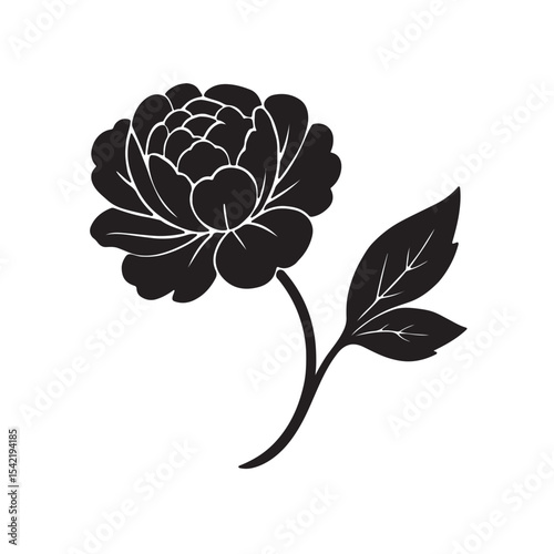 Peony flower black silhouette vector icon illustration on white background.