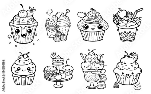 Eight cartoon desserts feature cheerful kawaiistyle faces and fruit toppings