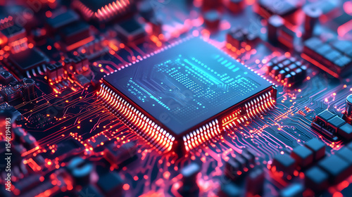 A vibrant close-up of a computer microchip, showcasing intricate circuits and glowing lights emphasizing modern technology.