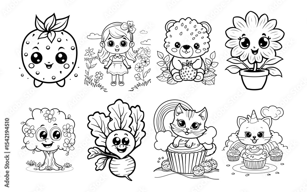 Fototapeta premium Eight cute black and white cartoon drawings displayed in two rows