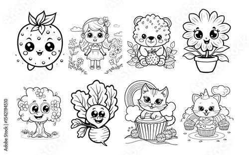 Eight cute black and white cartoon drawings displayed in two rows