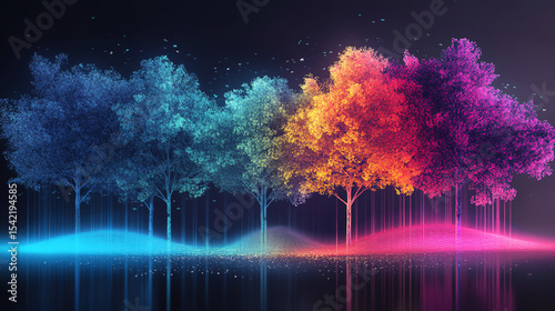 A vibrant, colorful representation of trees illuminated in various hues, creating a magical and enchanting atmosphere.